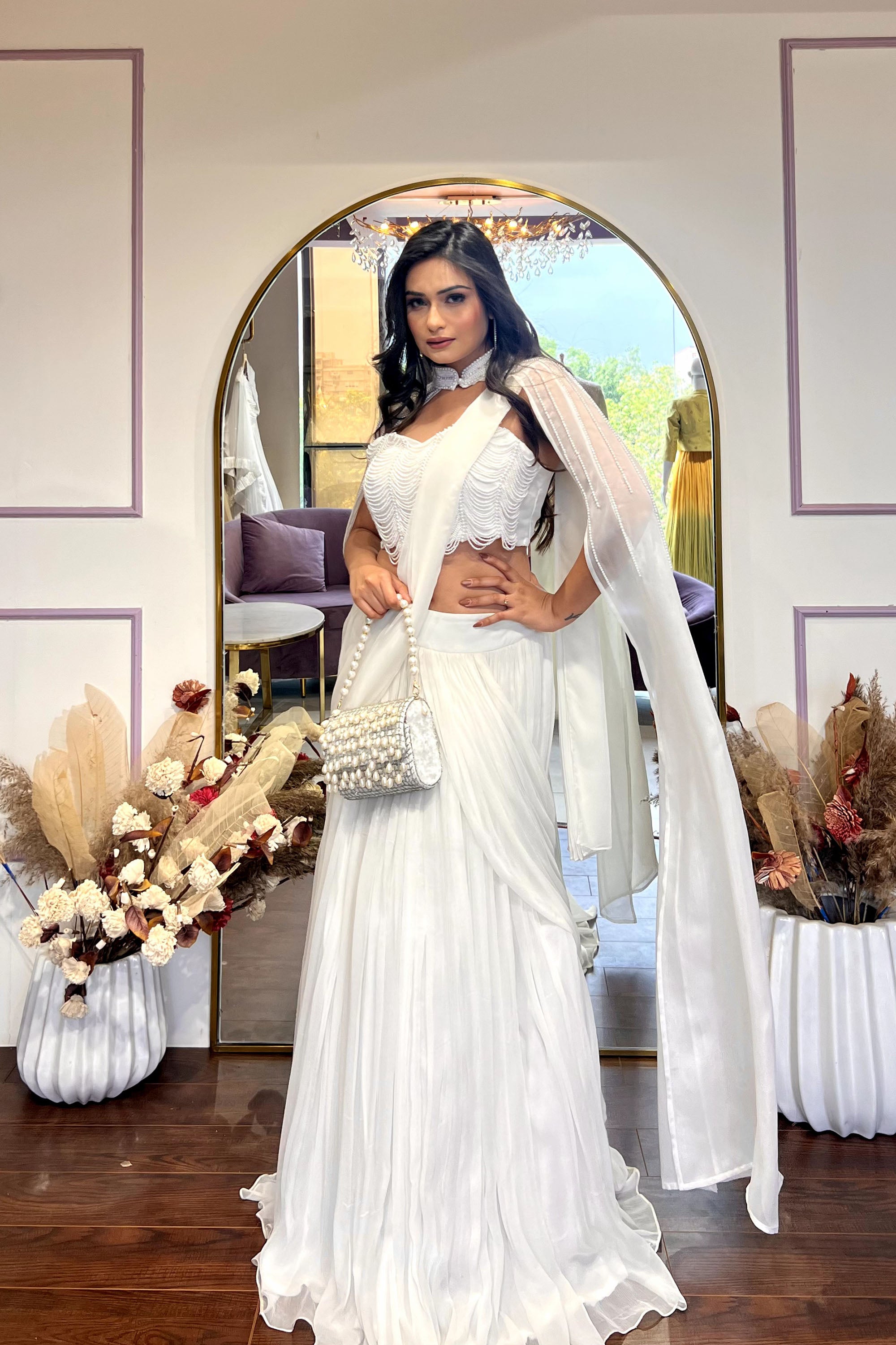 Buy MONK & MEI Masoom Chikankari Lehenga with Stitched Blouse & Dupatta-  White (Set of 3) online